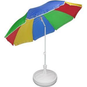 Regenboog gekleurde tuin/strand parasol 180 cm met vulbare wit plastic voet van 42 cm