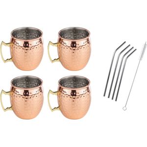 Set van 4x Cocktailbekers/cocktailglazen Moscow Mule 500 ml - Inclusief 4x RVS herbruikbare rietjes