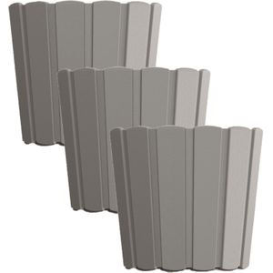 Set van 3x stuks wood-look plantenpot/bloempot kunststof dia 12 cm/hoogte 11 cm steengrijs voor binnen/buiten