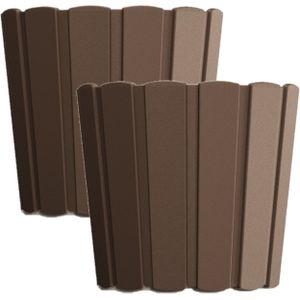 Set van 2x stuks wood-look plantenpot/bloempot kunststof dia 16.5 cm/hoogte 15 cm houtbruin - Plantenpotten