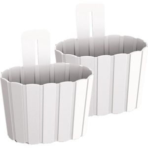 Set van 4x stuks wood-look muur plantenpot/bloempot kunststof dia 20 cm/hoogte 15 cm parel wit - Plantenpotten