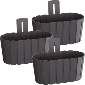 Set van 3x stuks wood-look muur/wand/schutting plantenpot/bloempot kunststof dia 27 cm/hoogte 15 cm antraciet voor buiten