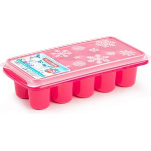 Plasticforte IJsblokjes tray - met deksel - ijsklontjes vorm - 10-vaks - roze - grote klontjes