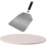 BBQ/oven pizzasteen rond keramiek 30 cm - Met inklapbare RVS pizzaschep 25 cm - Pizza stone