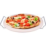 Pizzasteen BBQ/oven rond keramiek 33 cm met handvaten en inklapbare RVS pizzaschep 25 cm - Pizzaplaten