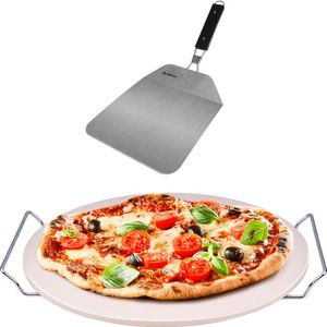 Pizzasteen BBQ/oven rond keramiek 33 cm met handvaten en inklapbare RVS pizzaschep 25 cm