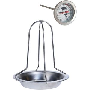 RVS kiprooster/kiphouder/kippenrooster voor de barbecue/BBQ/oven 20 cm - Met analoge vleesthermometer / braadthermometer