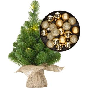 Mini kunst kerstboom - H45 cm - met verlichting en kerstballen - goud - kunstboom