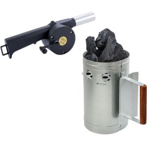 BBQ briketten/houtskool starter met houten handvat 27 cm - Met zwarte BBQ aanjager/blower/fan 30 cm