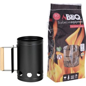 BBQ/Barbecue briketten starter met houten handvat zwart 27 cm - Inclusief 80x BBQ aanmaakblokjes