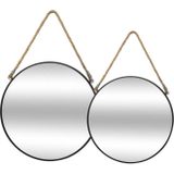 Set van 2x spiegels/wandspiegels rond metaal zwart met touw - Woondecoratie/accessoires