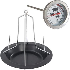 BBQ/oven kippenspit/kiphouder met schotel zwart 20 x 18 cm - Met analoge vleesthermometer / braadthermometer