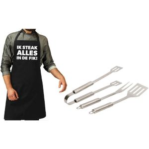 Barbecue/Bbq Gereedschap 3-delige set 33 cm van RVS - Met Zwart BBQ Schort Ik Steak Alles In de Fik!