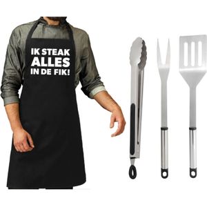 BBQ/barbecue gereedschap set 3-delig RVS - Met zwart BBQ schort Ik steak alles in de fik! - Vaderdag cadeau