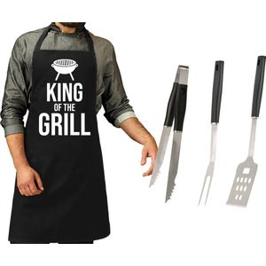 BBQ/barbecue gereedschap set 3-delig RVS - Met zwart BBQ schort King of the grill - Vaderdag cadeau