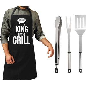 BBQ/barbecue gereedschap set 3-delig RVS - Met zwart BBQ schort King of the grill - Vaderdag cadeau