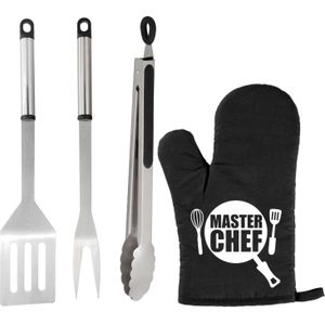 BBQ/barbecue gereedschap set 3-delig RVS met BBQ handschoen Masterchef