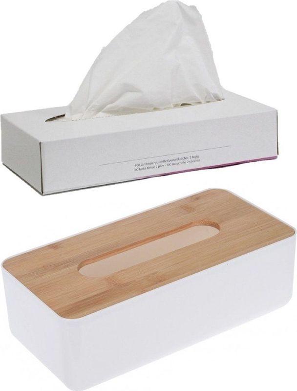 Tissuedoos/tissuebox kunststof/bamboe hout 26 x 13 cm gevuld met 100x stuks 2-laags tissue papier