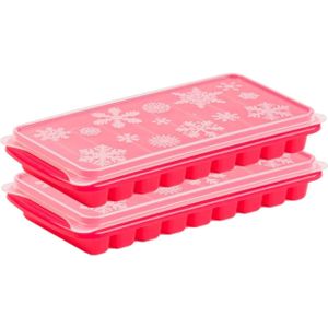 2x stuks Trays met Flessenhals ijsblokjes/ijsklontjes ijsblok staafjes vormpjes 10 vakjes kunststof roze met afsluit deksel