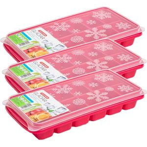 3x stuks Trays met ijsblokjes/ijsklontjes vormpjes 12 vakjes kunststof roze met deksel - IJsblokjesvormen