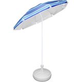 Blauw gestreepte gekleurde tuin/strand parasol 200 cm met vulbare wit plastic voet van 42 cm