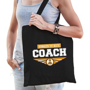Verkozen tot beste coach katoenen tas zwart voor dames - verjaardag - kado /  tasje / shopper
