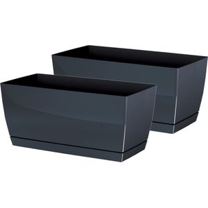 Prosperplast Plantenpot/bloempot met opvangschaal - 2x - kunststof - antraciet 29 x 14 x 14 cm - binnen/buiten