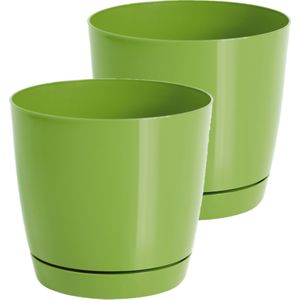 Prosperplast Plantenpot/bloempot met opvangschaal - Set van 2x stuks - kunststof - lime groen D18 x H17 cm - binnen/buiten