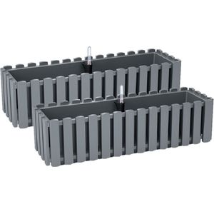 Prosperplast Plantenbak/bloembak Fence look - 2x - kunststof - steengrijs - 58 x 18 x 16 cm