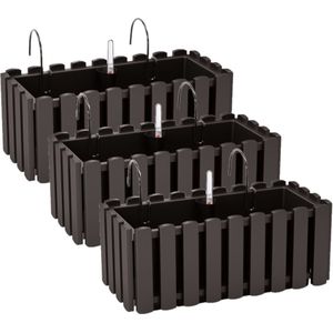 3x stuks fence-look plantenbak/bloembak - kunststof - 38 x 18 x 16 cm - antraciet - hangend - voor binnen en buiten