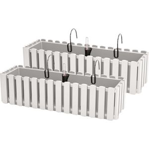 2x stuks fence-look plantenbak/bloembak - kunststof - 58 x 18 x 16 cm - wit - hangend - Plantenpotten