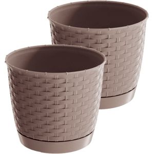 2x stuks ronde gevlochten plantenpotten/bloempotten kunststof dia 19 cm en hoogte 16.5 cm in het taupe