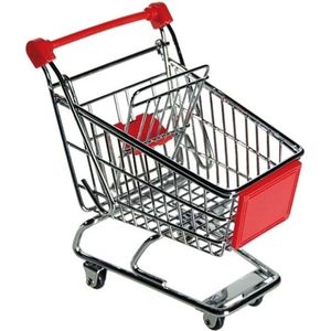 Mini winkelwagentje van metaal - rood/zilver - 14 x 14 cm - verrijdbaar - bureau accessoires
