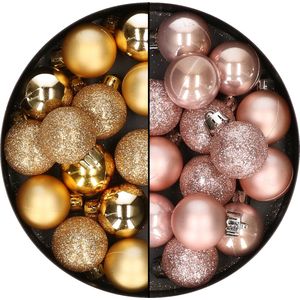 28x stuks kleine kunststof kerstballen zachtroze en goud 3 cm - kerstversiering