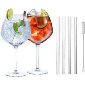 Set van 4x Gin Tonic cocktailglazen met 4x herbruikbare glazen rietjes - 730 ml - Cocktails drinken - Cocktails