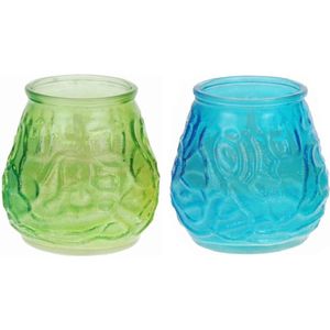 Windlicht geurkaars - 2x - blauw/groen glas - 48 branduren - citrusgeur