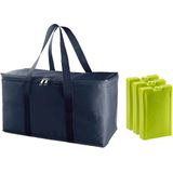 Grote isolatie koeltas blauw 39 x 22 x 19 cm met 3x stuks groene koelelementen van 1000 gram