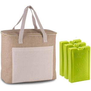 Grote koeltas jute/canvas 20 liter en 38 x 32 x 16 cm met 3x stuks koelelementen groen