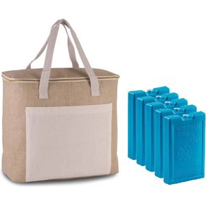 Grote koeltas jute/canvas 20 liter en 38 x 32 x 16 cm met 5x stuks koelelementen blauw - Koeltas