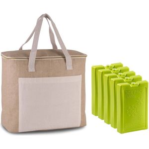 Grote strand koeltas jute/canvas 20 liter en 38 x 32 x 16 cm met 5x stuks 1000 grams koelelementen groen