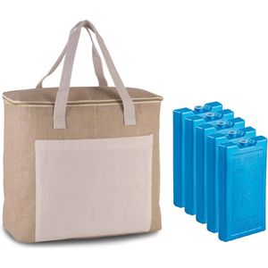 Grote koeltas jute/canvas 20 liter en 38 x 32 x 16 cm met 5x stuks koelelementen blauw - Koeltas