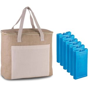 Grote koeltas jute/canvas 20 liter en 38 x 32 x 16 cm met 6x stuks koelelementen blauw - Koeltas