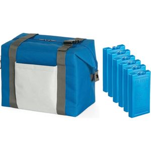 Strand/picknick isolatie koeltas blauw 15 liter/38 x 33 x 18 cm met 6x stuks koelelementen - Koeltas