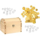 Houten piraten schatkist 20 x 15 cm met 100x plastic gouden piraten geld munten en 100x diamantjes