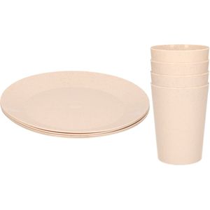 Setje van 8x diner/ontbijt bekers/bordjes van afbreekbaar bio-plastic in het eco-beige