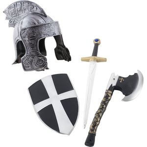 Ridder helm zilver-kleurig met set ridder speelgoed wapens - Zwaard/schild/bijl - Volwassenen