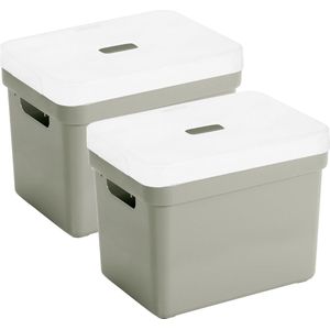 Set van 2x opbergboxen/opbergmanden lichtgroen van 18 liter kunststof met transparante deksel 35 x 25 x 24 cm