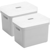 Set van 2x opbergboxen/opbergmanden lichtgrijs van 18 liter kunststof met transparante deksel 35 x 25 x 24 cm
