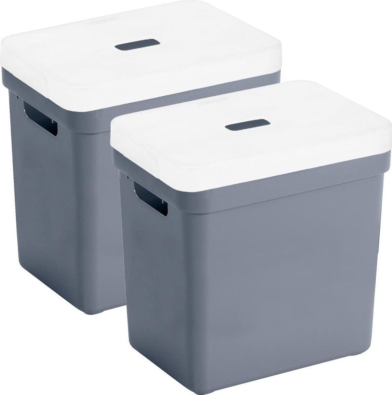Set van 2x opbergboxen/opbergmanden donkerblauw van 25 liter kunststof met transparante deksel 35 x 25 x 36 cm