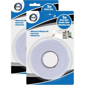 2x rollen dubbelzijdig foam tape/plakband 5 meter - 24 mm breed - Tot 50 kg draagvermogen